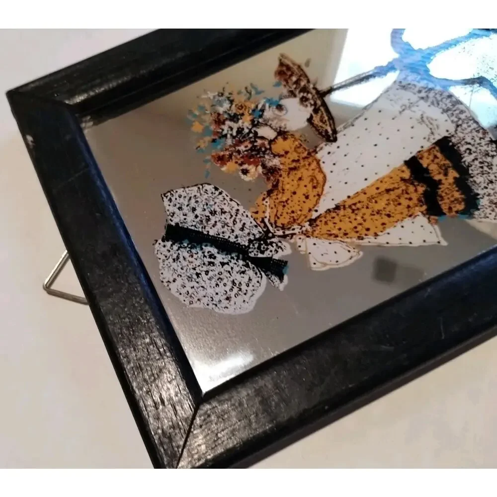 Vintage Holly Hobbie Framed Art Mirror Painted RARE 1970's MADE IN ENGLAND Stamp